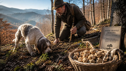 Truffle hunter and trained dog searching for white truffles in a Balkan forest using responsible harvesting practices