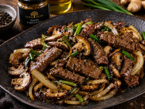 Black Pepper Beef Stir-Fry with Mushrooms and Truffle Sauce
