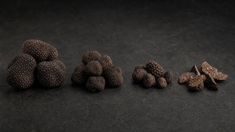 Whole black truffles in progressively smaller groups beside cleanly cut truffle pieces