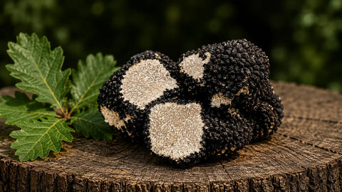 Whole and halved Tuber aestivum summer truffles on a rustic wooden surface