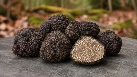 Tuber uncinatum truffles on stone surface with one cut specimen showing the natural interior