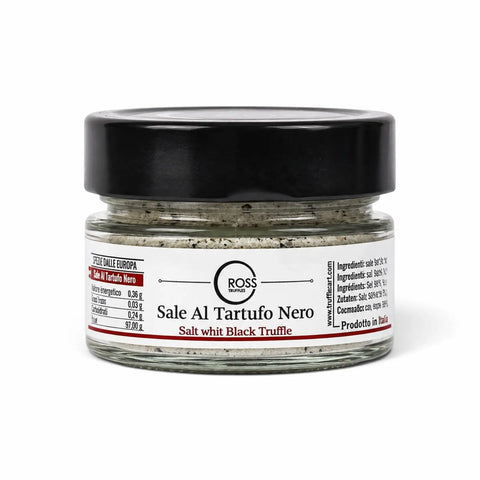 Black truffle salt with 2% Tuber melanosporum in a 120 g glass jar