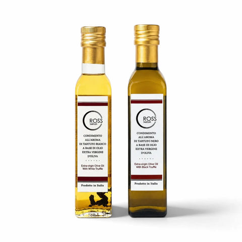 Two 250 ml bottles of Terra Ross black and white truffle-flavoured olive oil