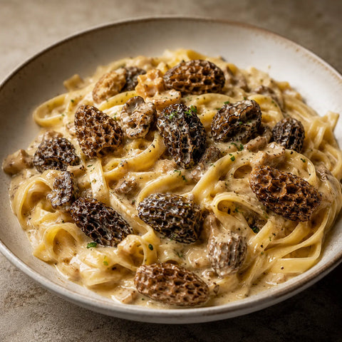 Rehydrated and thoroughly cooked Morchella esculenta morels in a creamy sauce