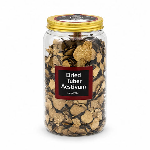 Dried Tuber aestivum summer truffle slices in a large clear jar