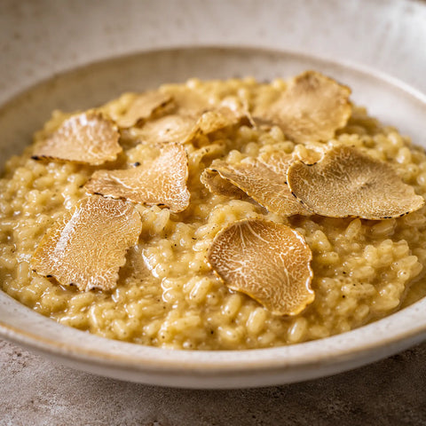 Rehydrated Tuber magnatum Pico white truffle slices incorporated into creamy risotto