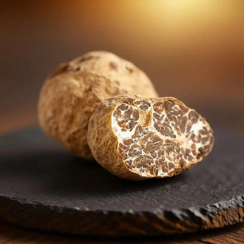 Fresh Tuber borchii EXTRA Grade truffles showing pale interior and fine natural white marbling