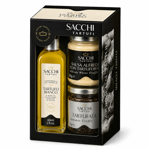 Gourmet Trio gift box containing Tartufata, white truffle Alfredo sauce and white truffle-flavoured olive oil