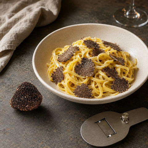 Fresh Tuber melanosporum shaved over warm tagliolini with a whole Black truffle beside the plate