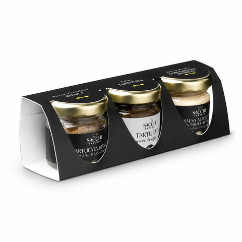 Trilogy gift box containing White Tartufata, Black Tartufata and white truffle Alfredo sauce in three 30 g jars